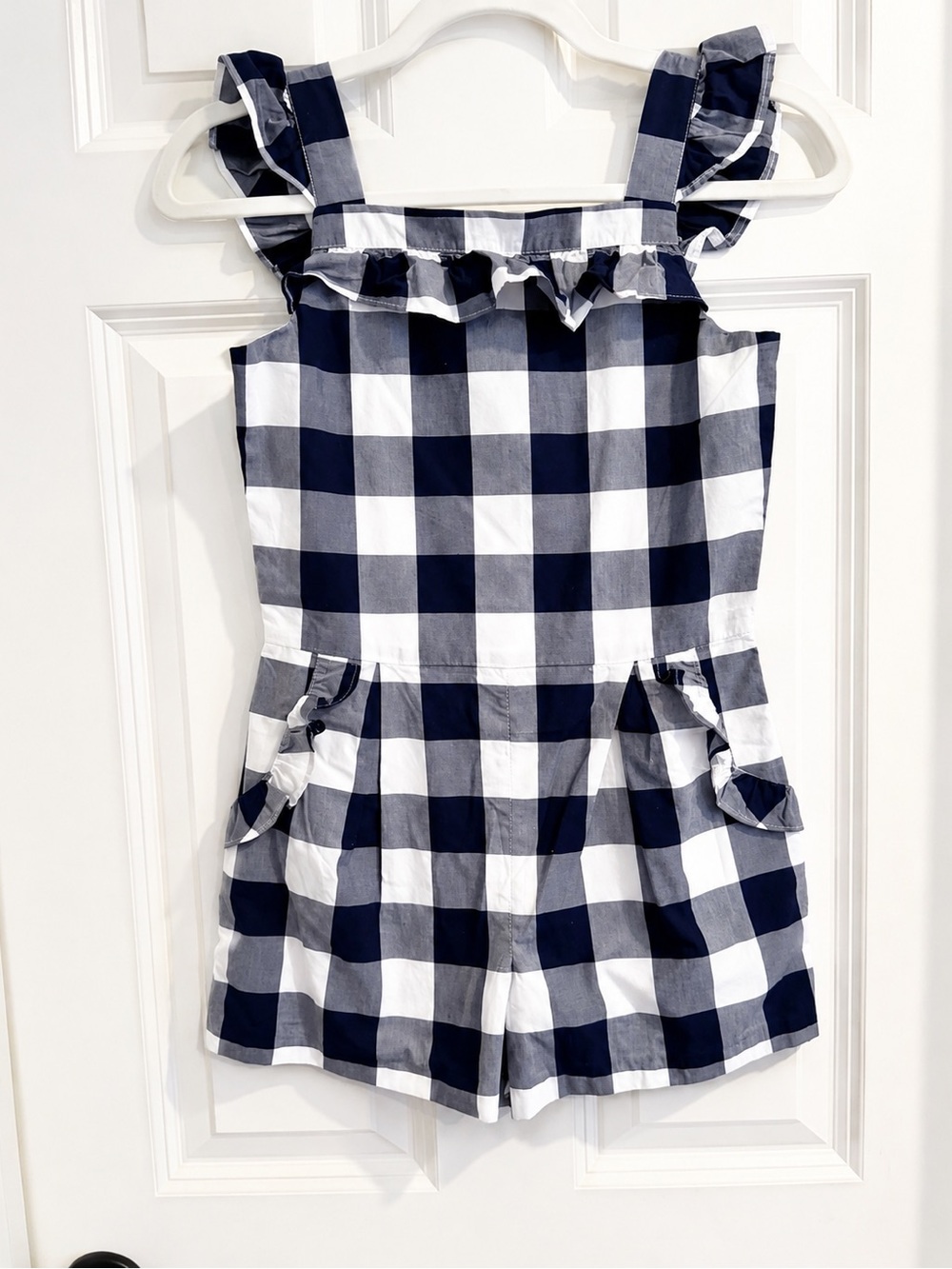 NWT Janie and Jack Girls Navy Gingham Romper Size 10 Ruffle Straps Pocket Summer